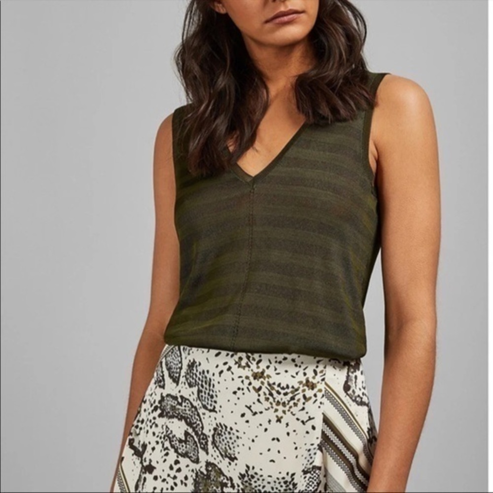 Ted Baker Striped Lightweight Knit Tank Top Green Vicose V-neck
